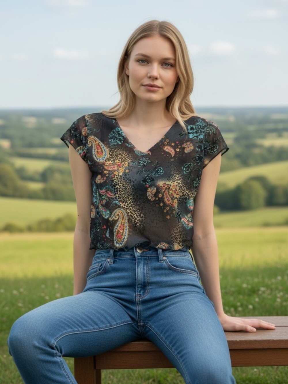 Y2K Chiffon Sheer Paisley V-Neck Blouse Teal Leopard Accent Size M